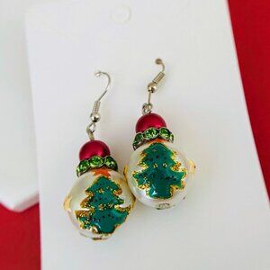 Hand Painted Christmas Tree Pearl Drop Earrings